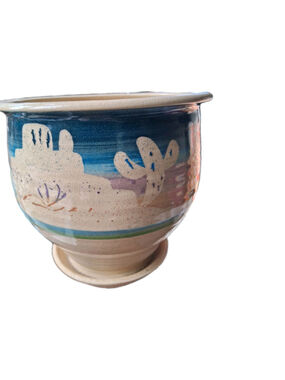 Vintage Clay Southwestern Cactus Planter, Attached Saucer - beige, brown, blue